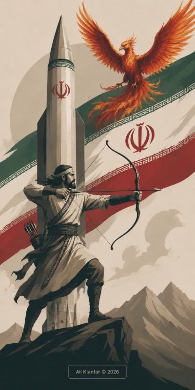 #طراحی_پوستر طراحی پوستر با الهام از آرش کمانگیر، شکوه کوه دماوند، و سیمرغ افسانه‌ای ایران؛ همراه با قدرت و شجاعت اسفندیار و نمادهای دفاعی کشور شامل موشک بالستیک و پهپاد ایرانی.  🎨 طراح پوستر: علی کیانفر