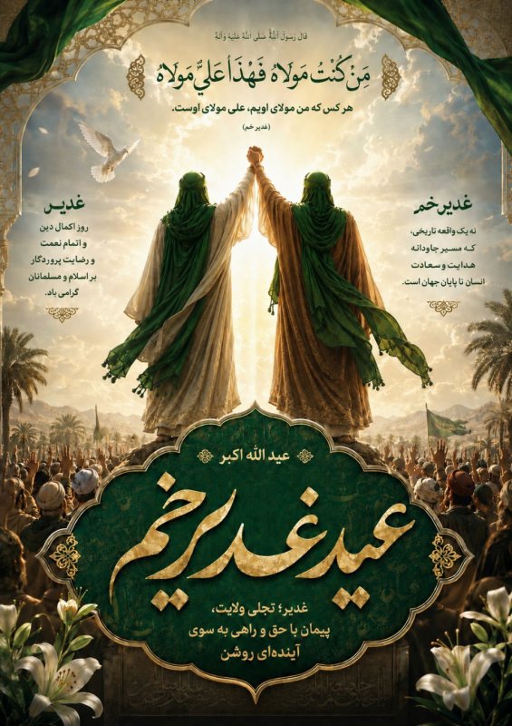 🌿✨ تنها ۲ روز تا عید بزرگ غدیر خم...  غدیر؛ روز اکمال دین، اتمام نعمت و تجلی ولایت امیرالمؤمنین حضرت علی(ع).  💚 «مَنْ كُنْتُ مَوْلَاهُ فَهٰذَا عَلِيٌّ مَوْلَاهُ»  🎨 طراح پوستر: علی کیانفر