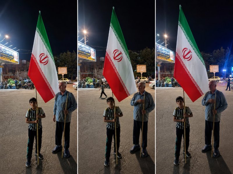 دستان لرزان پدر، پرچم را محکم گرفته برای چشمان امیدوار پسر🇮🇷 ( سه حالت متفاوت از پرچم ایران )