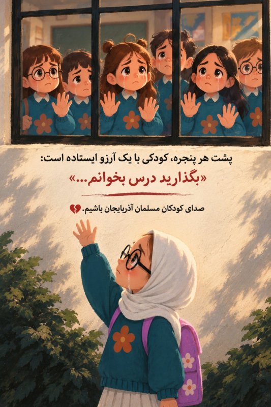 پشت هر پنجره، کودکی با یک آرزو ایستاده است: «بگذارید درس بخوانم...»  صدای کودکان مسلمان آذربایجان باشیم. 💔